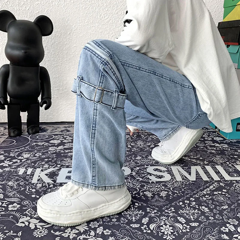Detachable Baggy Jeans Men Straight Wide Pants Fashion High Street Hip Hop Blue Denim Trousers Oversize Bottoms Male Y2K Clothes