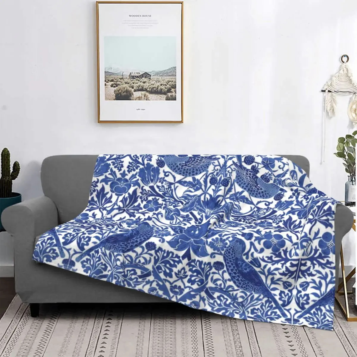 Porcelain Blue Oriental Bird Pattern Blanket Soft Fleece Autumn Warm Flannel Chinoiserie Throw Blankets for Sofa Home Bed Quilt