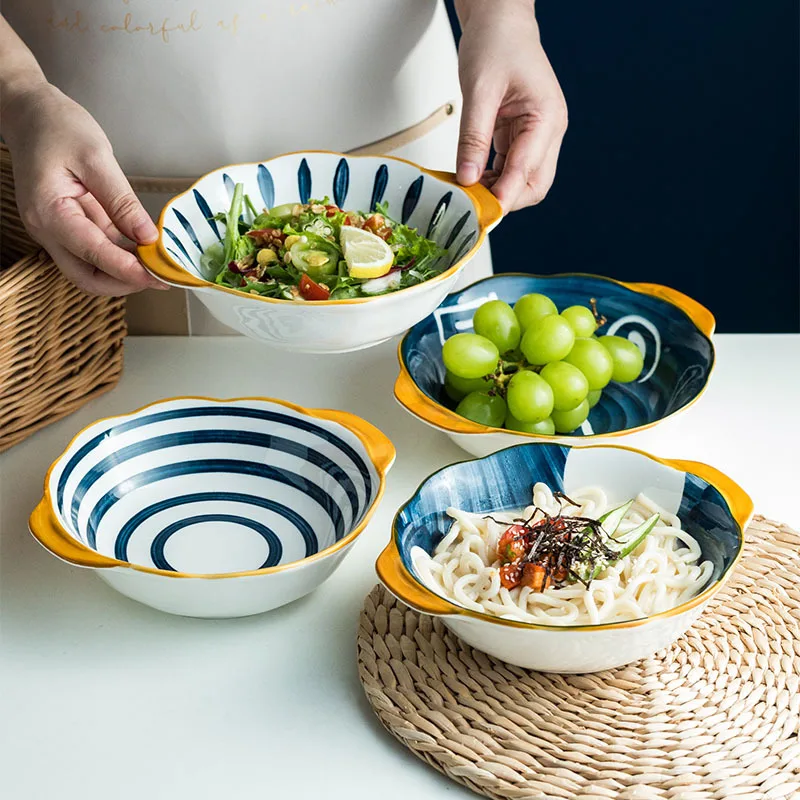 

Japanese-style Household Ceramic Soup Bowl Set Binaural Lotus Stone Round Baking Bowl Large Bowl Single Bowl Ramen Bowl