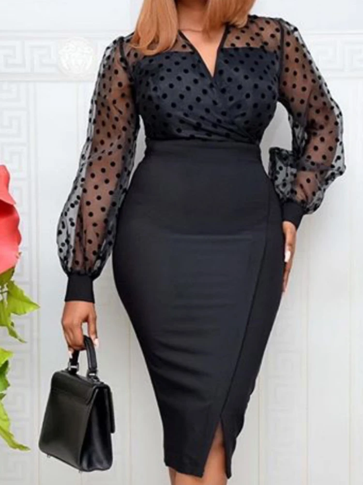 

Polka Dot Women Bodycon Dress Long Sleeves See Through V Neck Office Ladies Slim African Modest Celebrate Occassion Dresses 2023