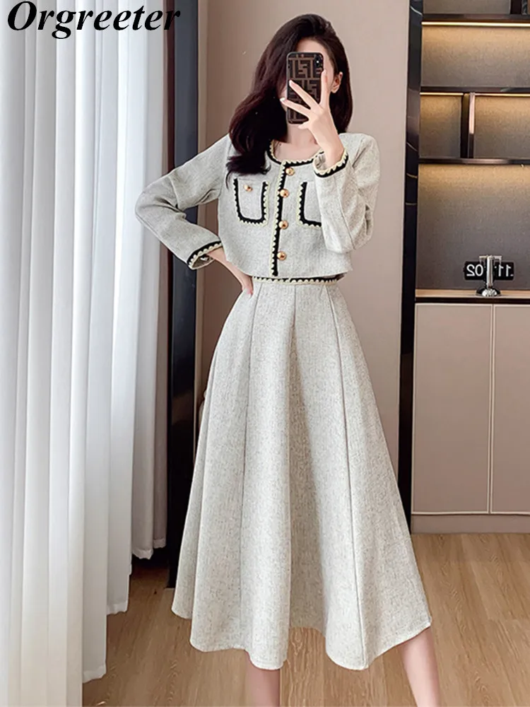 

Vintage Two Piece Set For Women Spring Fall Short Jacket Coat + A-line Mid Long Skirt 2 Piece Outfits Eelgant conjuntos de falda