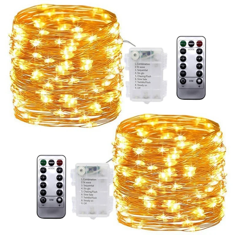

Светодиодная гирлянда, Рождественское украшение, 8 режимов, медная проволока, лампа для свадьбы, вечеринки, дистанционное управление, волшебная лампа, 3 батарейки АА, водонепроницаемая