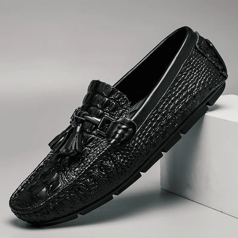 Leather Men Fashion Shoes Luxury Brand Dress Formal Casual Mens Loafers Moccasins Crocodile Pattern Slip on Boat Shoes Man
