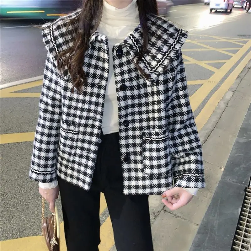 

Fashion Houndstooth Woolen Coat Women Autumn Winter New Thick Loose Jacket Oversized Vintage Wool Blend Coat Woman Clothing E330