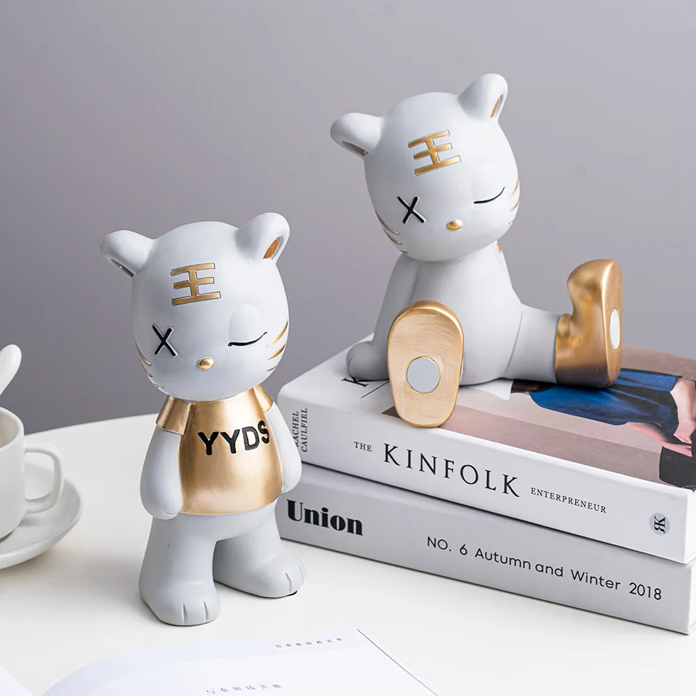 

Tiger Statues Figurines for Interior Modern Cute Animal Statues for Decoration Kawaii Room Decor Resin Dolls Desk Accessories