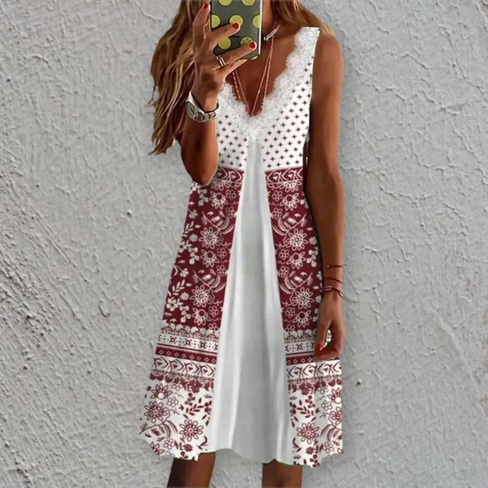 

V-Neck Sleeveless Large Hem Mini Dress Elegant Vintage Print Lace Collar Summer Elegant Casual Women's Dresses For Women 2022