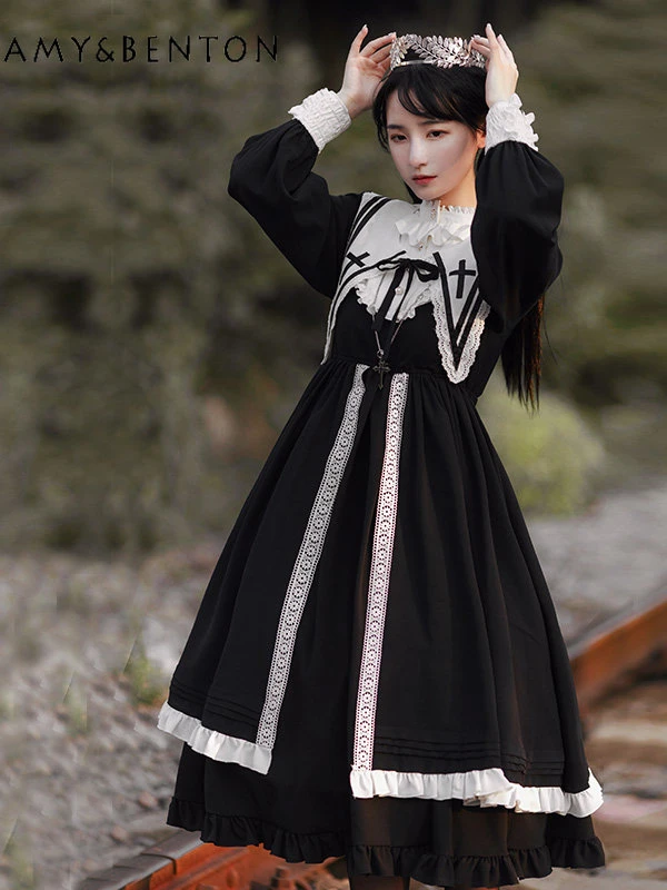 Spring Atumn Preppy Style Fashion Long Casual Dresses for Women Black Lolita Ladies' Long Dress Dress