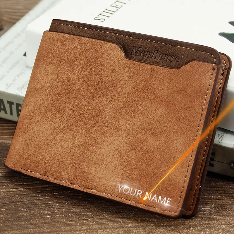 2022 New Short Luxury Men Wallets Slim Card Holder Brand Male Wallet Name Engraved High Quality PU Leather Small Men's Purses