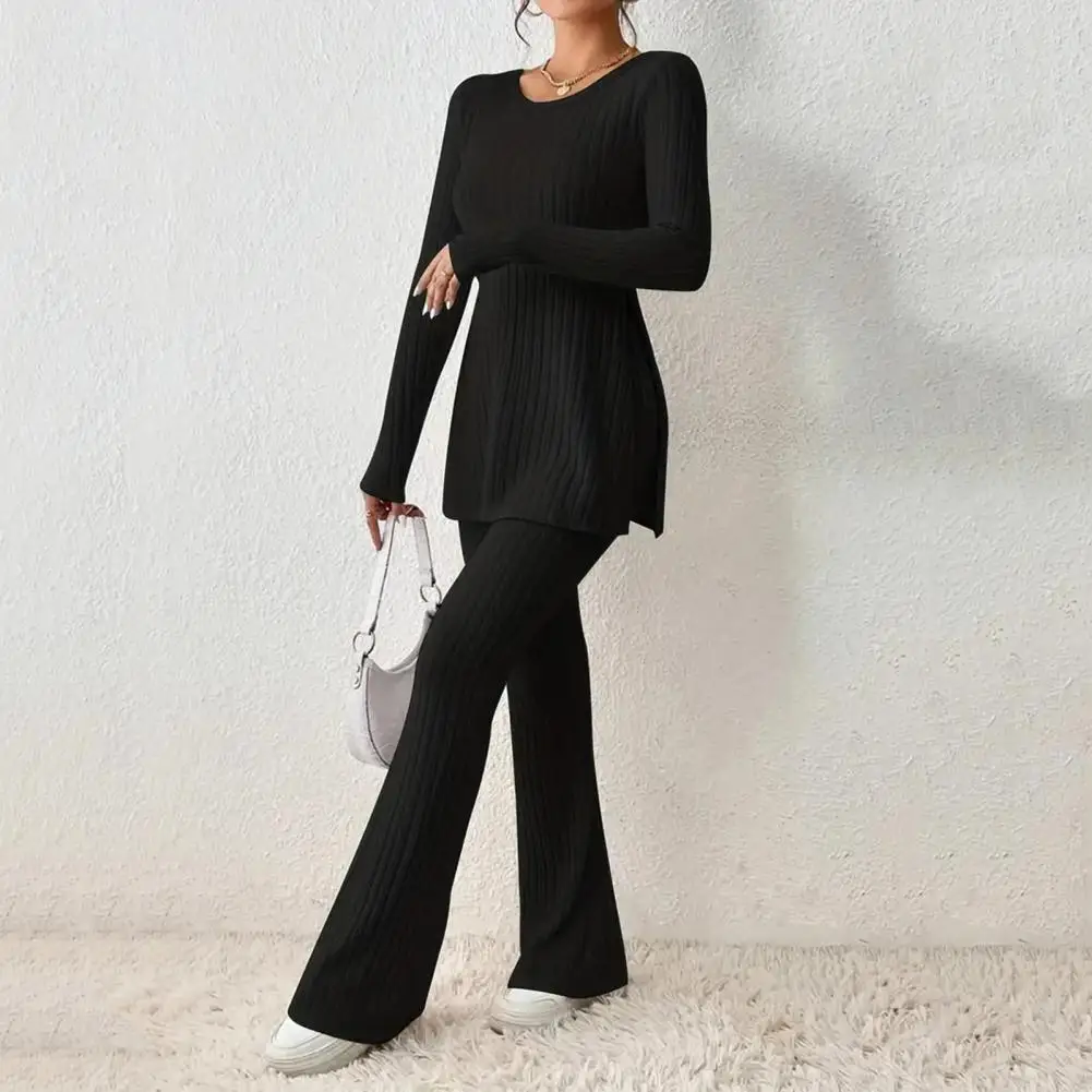 

Two-piece Suit Fashionable Women's Knitted 2-piece Suit Long Sleeve Ribbed Slit Top High Waist Flared Trousers For Autumn/winter
