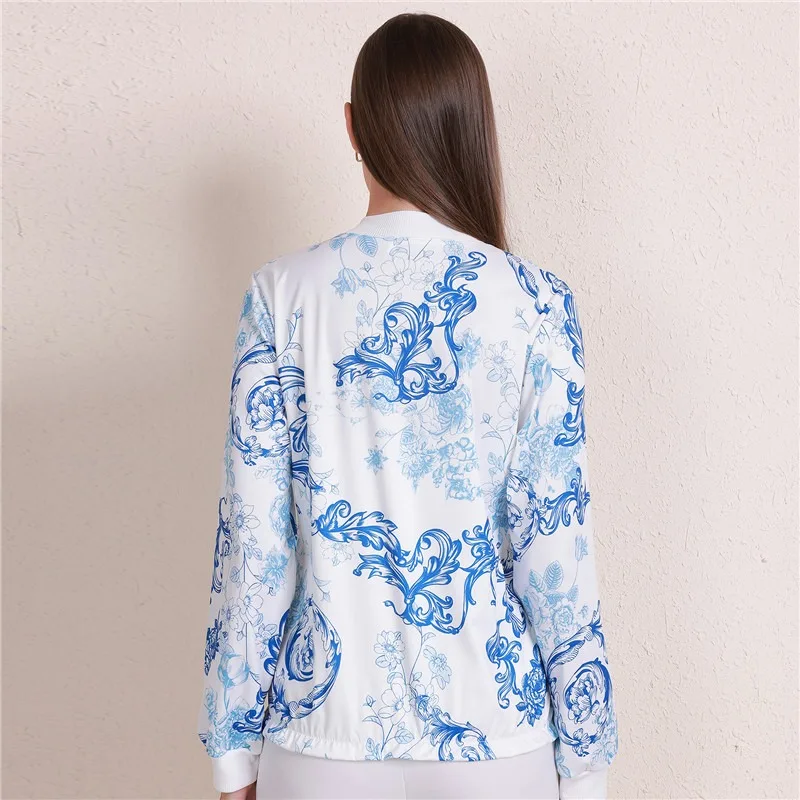 Женская Осенняя куртка на молнии с длинным рукавом и цветочным принтом