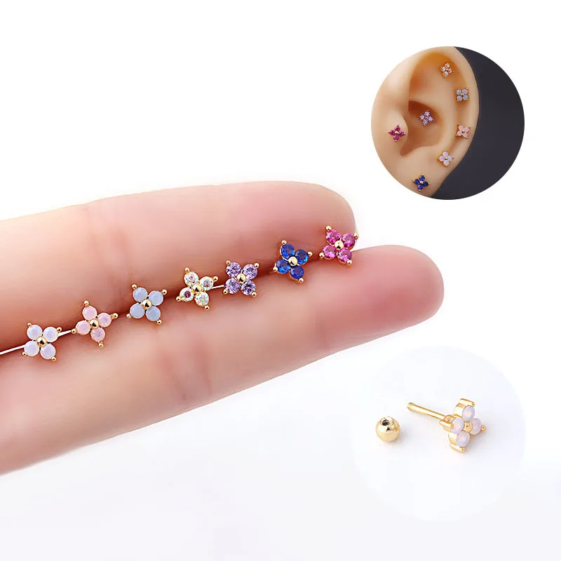 

1Piece Mini Color Zircon Flower Women Earrings 2022 New Korean Jewelry Ear Cuffs 0.8mm Stainless Steel Piercing Stud Earrings