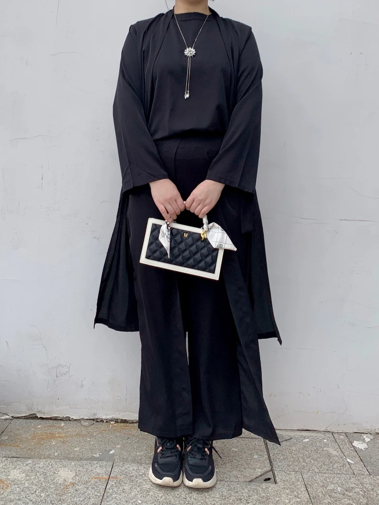 3 Piece Matching Set Women Tops and Pants Muslim Sets Dubai Abaya Kimono Arabic Modest Outfit Plain Open Abayas Islamic Clothing