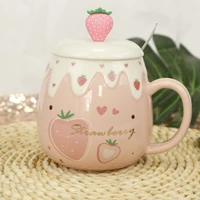 japanese style ceramic cute strawberry coffee mug with lids and spoon creative porcelain breakfast milk oatmeal cup drinkware