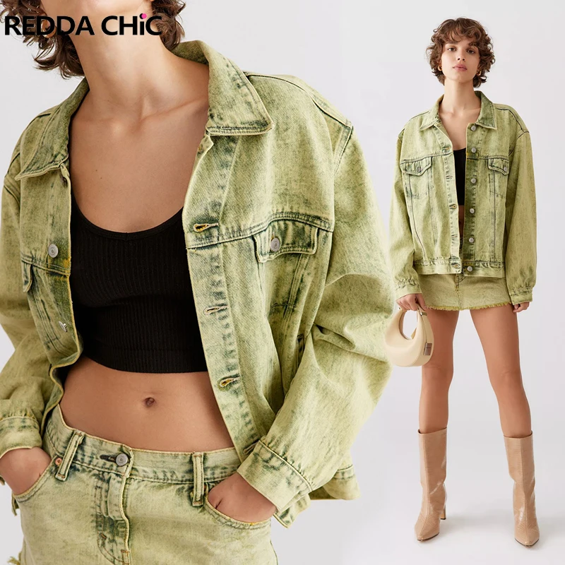 Женская джинсовая куртка-бомбер REDDACHiC Y2k в стиле ретро зеленая мытая повседневная