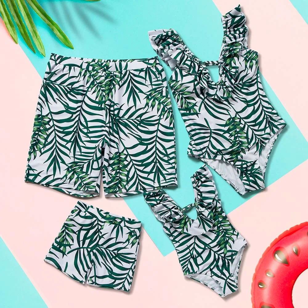 Leaf Swimsuits Family Matching Outfits V-Neck Mother Daughter Swimwear Mommy and Me Bikini Dress Clothes Father Son Swim Shorts