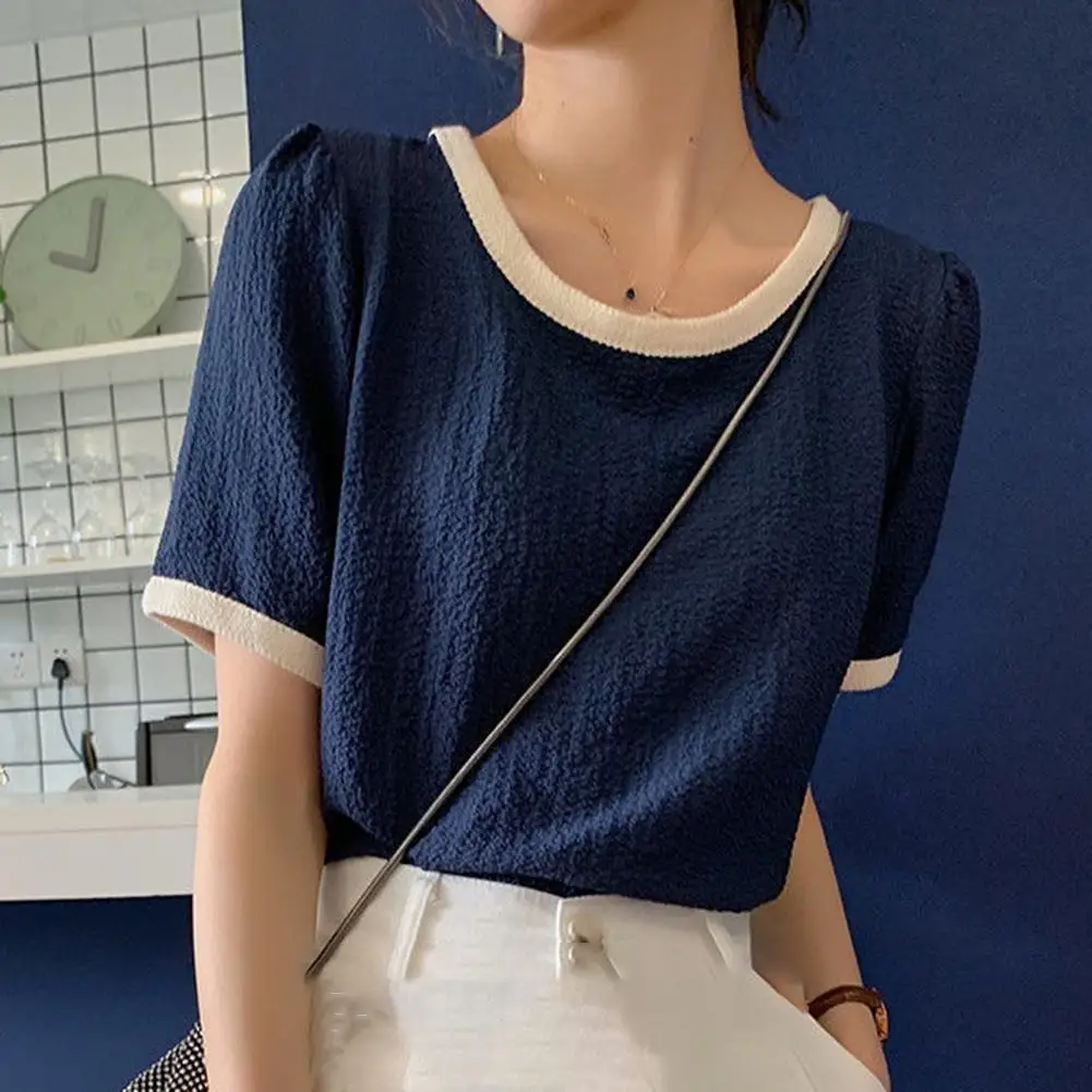 

Yfashion Women Chiffon T Shirt Tops OL Lady Contrast Color Round Neck Tops Short Sleeves Pullover Shirts Tops