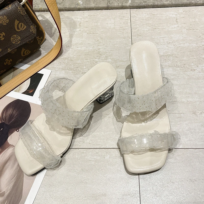 

Сандалии женские прозрачные на высоком каблуке, сетчатые со складками, квадратный носок, модная летняя обувь