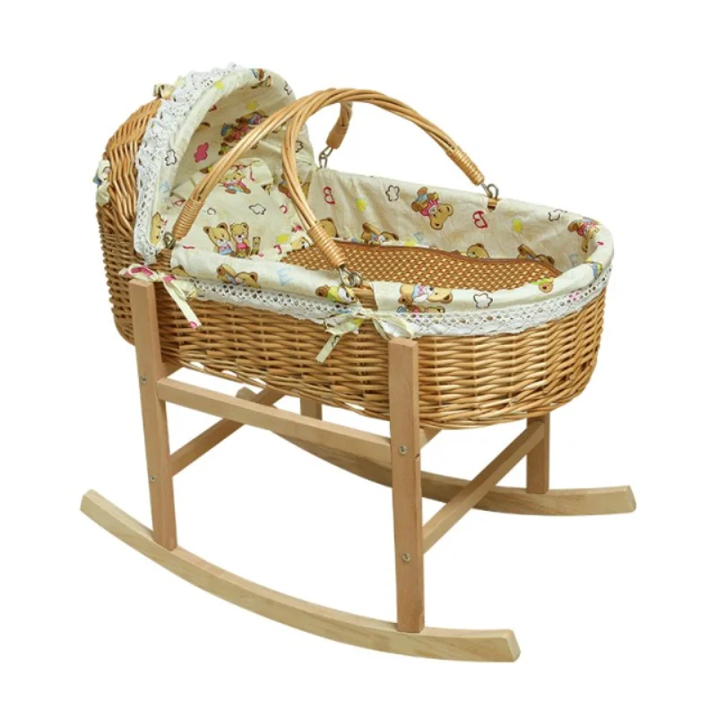 Rattan Cradle Wooden Newborn Baby Crib Bed Mosquito Baby Sleeping Basket Portable Trolley Baby Cot Bed Nursery Baby Bassinet
