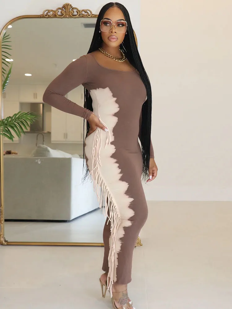 Лоскутное повседневное платье макси с кисточками женское элегантное вечернее