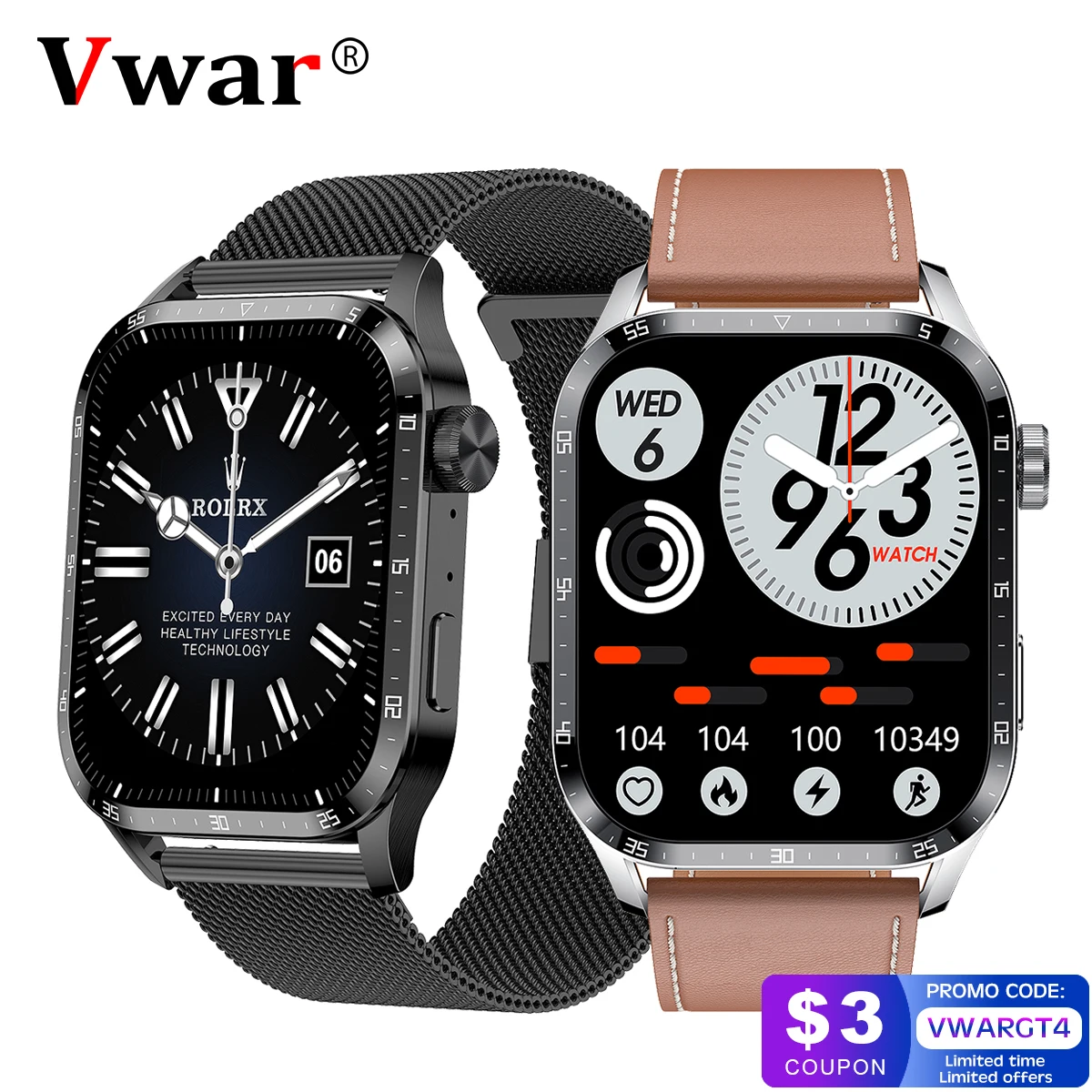 

VWAR GT4 Smart Watch Wireless Charging Always on Display Men Women Smartwatch Bluetooth Call NFC IP68 Waterproof for Xiaomi IOS