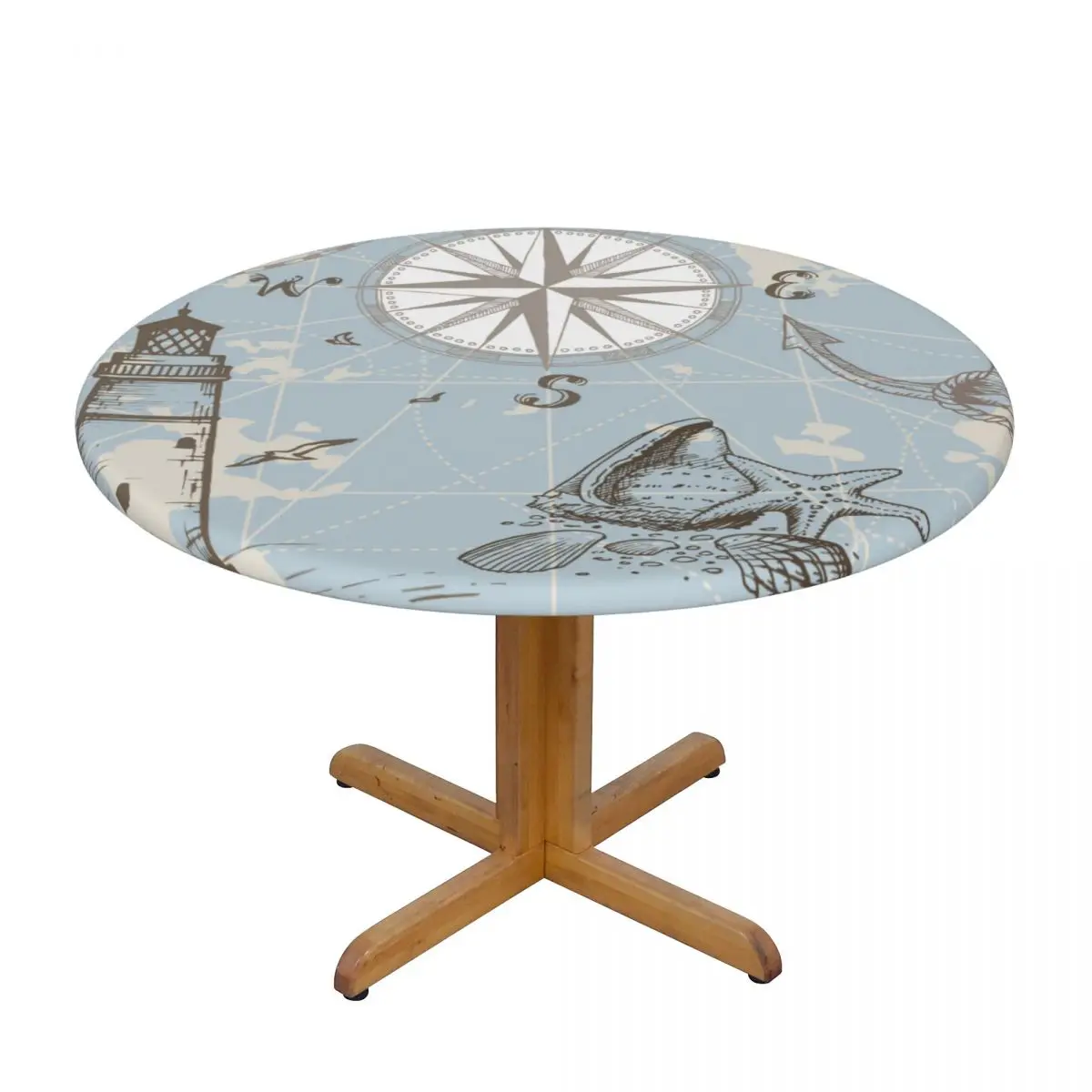 

Round Table Cover for Dining Table Elastic Tablecloth Nautical Map With Compass Lighthouse Anchor Fitted House Hotel Decoration