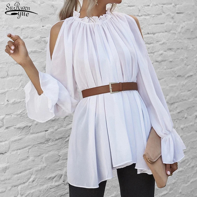 

Spring Belt Slim Waist White Blouse 2022 Fashion Hollow Solid Chiffon Shirt Casual Off-the-shoulder Flare Long Sleeve Tops 19120