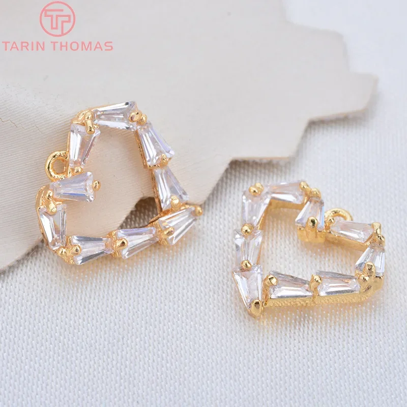 (1172) 4 шт. 11x12 мм 24-каратное золото латунь с цирконом подвески в форме сердца