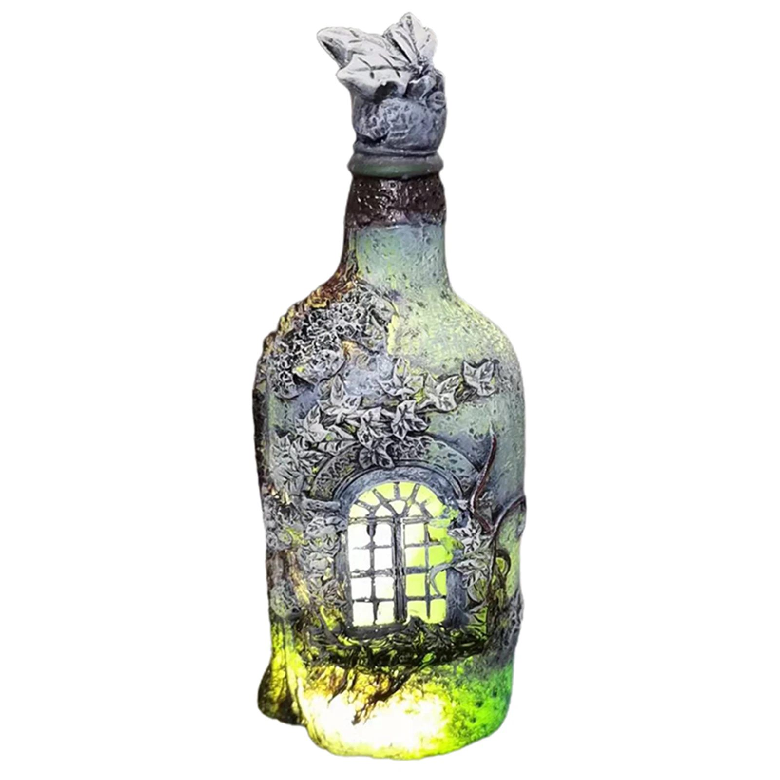 

Fairy Garden Statue Ornament with Light Wine Bottle Shape Resin Decor Lamp Magical Lawn Home Shelf Decoration 16cm E7