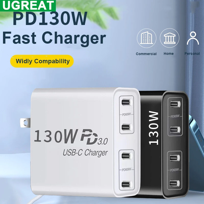 

130W 4 Port PD 3.0 GaN USB Type C Charger Fast Charging Station Double 65W Wall For MacBook iPad iPhone Samsung Laptop Notebook