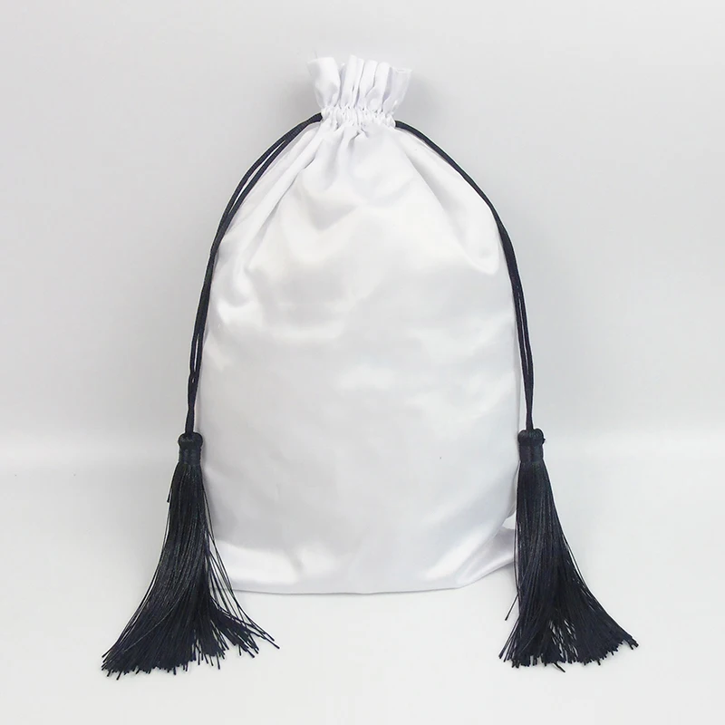 

Satin Hair Bag Jewelry Silk Luxury Pouch Makeup Party Storage Wig Shoe Gift Packaging Bags with Tassel Custom Print Logo 50PCS