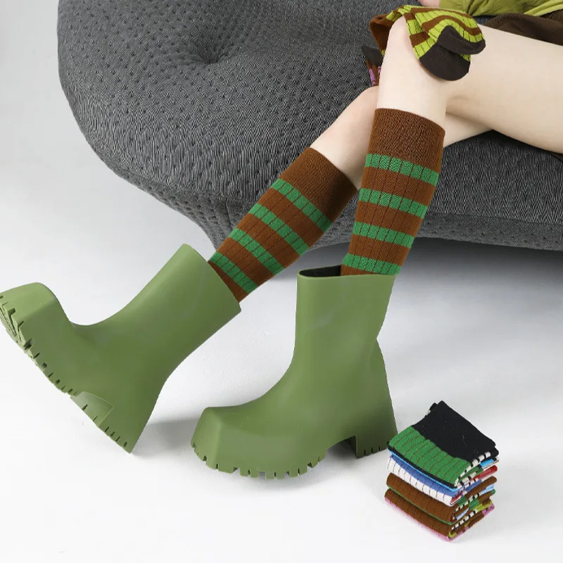 Женские зимние чулки до колена модные красочные полосатые длинные носки женские