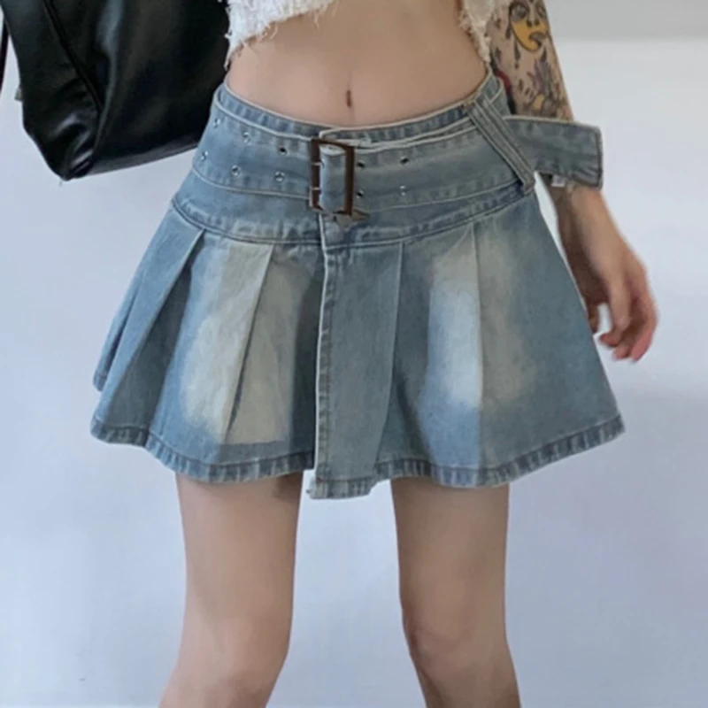 

Прямая женская джинсовая короткая юбка с разрезом, Новинка лета 2023, плиссированная короткая женская юбка с поясом в стиле Хай-стрит
