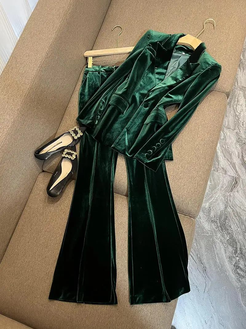 

Delicacy Pleuche Fine Workmanship Women Fashion Office Suit Basic Solid Double-breasted Blazer Flared Pants Streetwear 2Pcs