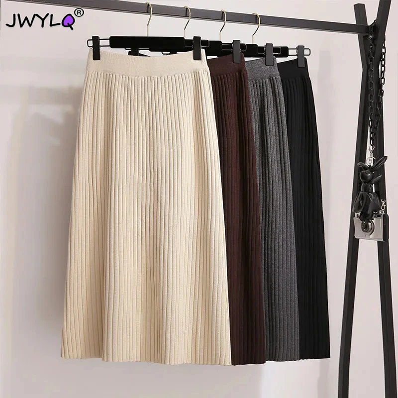 

Knitted Skirts Women Autumn Winter High Waist Elastic Mid-length Pleated Skirt New Solid Color Soft Warm Streetwear Black Skirt