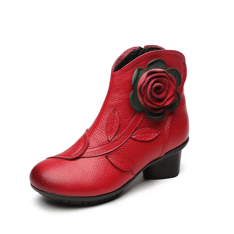 

women boots ankle med heel genuine leather print flowers boots shoes