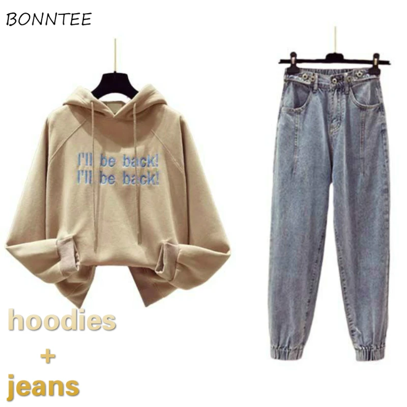 

Women Sets Printed 4XL Hoodies Chic Bundle Solid Jeans 2 Pieces Streetwear Leisure Simple All-match Autumn Females Korean Style