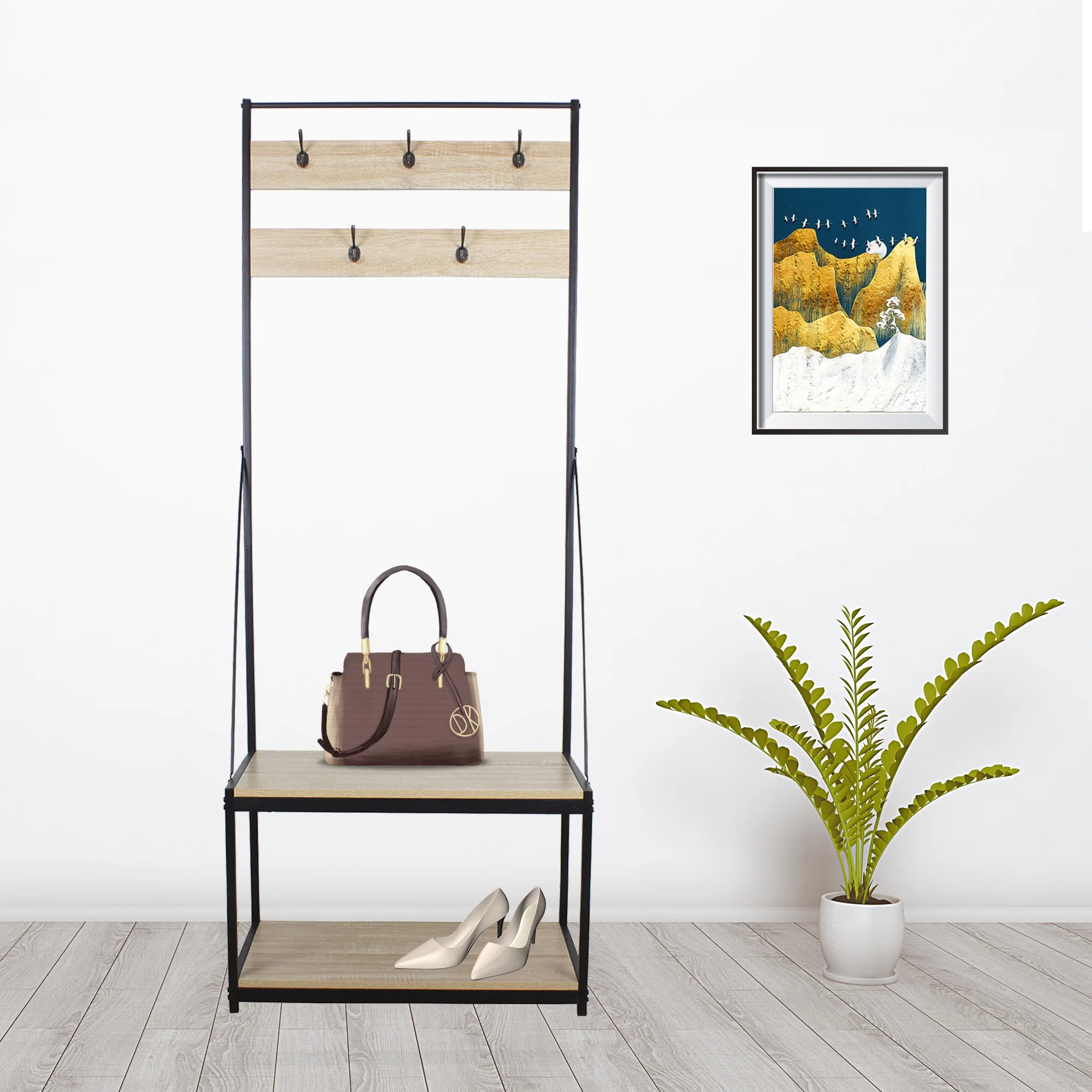 

YG Entryway Hall Tree Storage with 5 Hooks, Hallway Coat Rack, Wood Look Accent Furniture with Steel Frame, Light Brown Finish