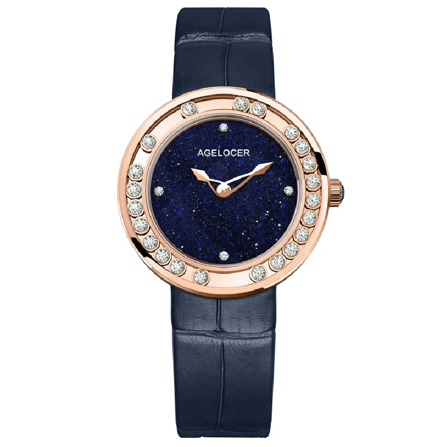 

AGELOCER Sapphire Ladies Watch Women Waterproof Diamond Gold Blue Leather Wrist Watches Brand Bracelet Relogio Feminino