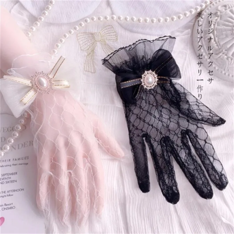 

Japanese Soft Girl Black White Lace Gloves Girl Gothic Lolita Mesh Bow Flower Lace Gloves Sweet Wristband Maid Cosplay Jewelry