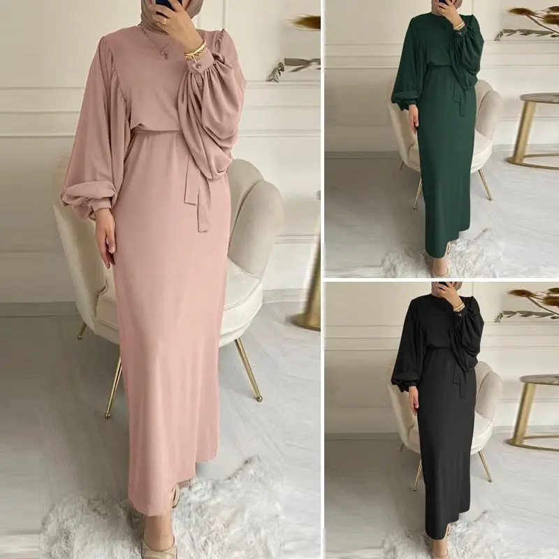 Maxi Dubai Abaya Robes Elegant Muslim Dress for Women Fashion Belted Party Solid Long Sleeve Turkey Plain Islamic  جلابيه نسائية