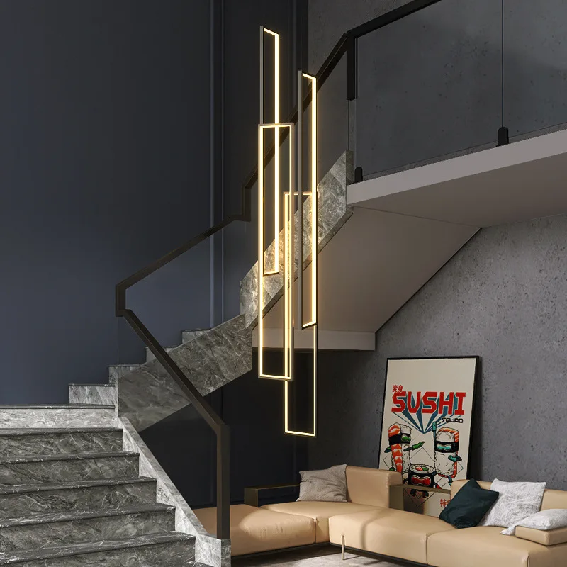 

Stair long chandelier Modern LED Minimalist creative rectangular villa duplex chandelier Nordic luxury loft living room Lamps