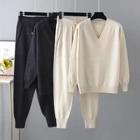 two piece women knit sport suits v neck women sweater drawstring harem pants jogging pants pullover sweater set knitted outwear