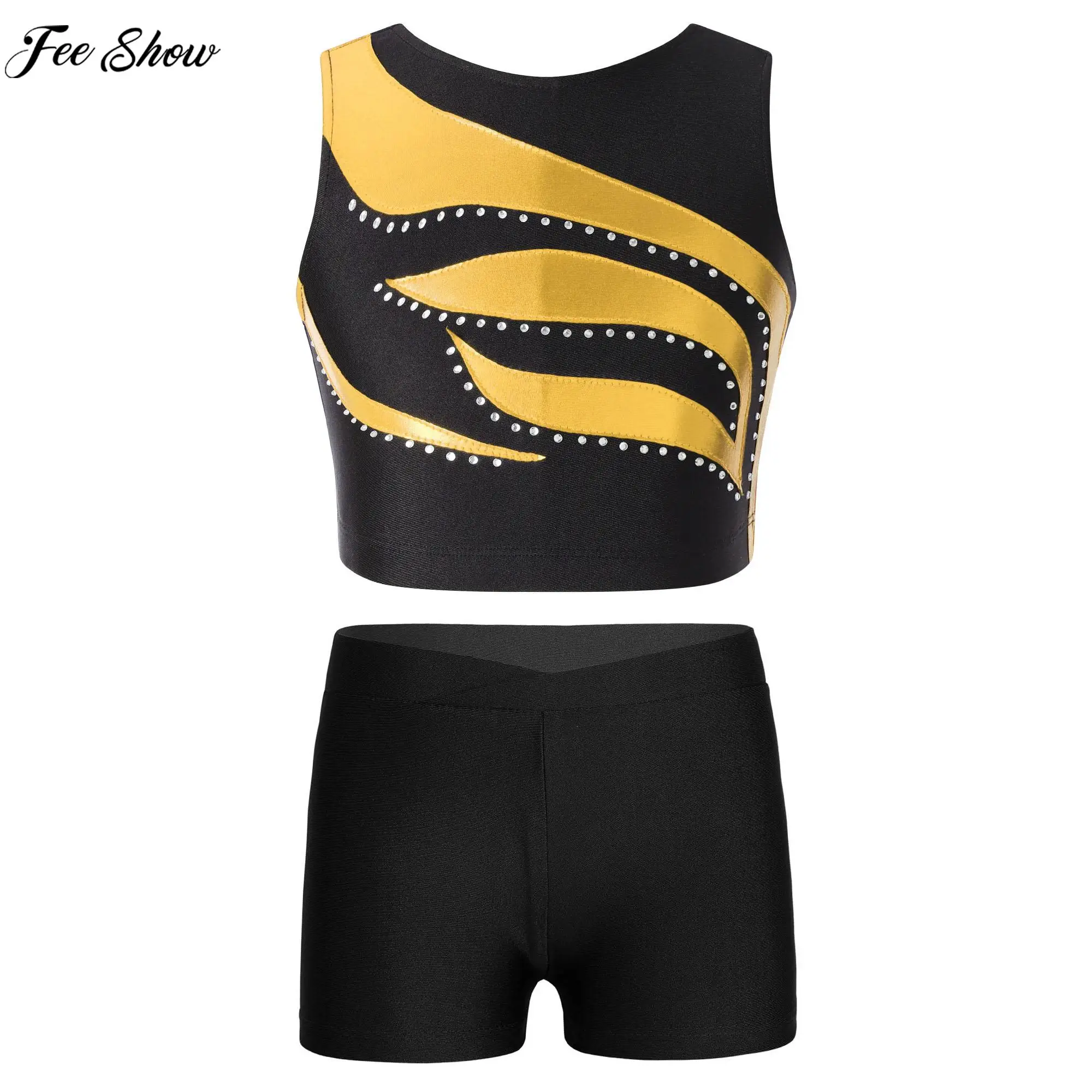 

Girls Jazz Dance Stage Performance Outfits Gymnastic Workout Sports Costume Sleeveless Shiny Rhinestones Crop Top with Shorts