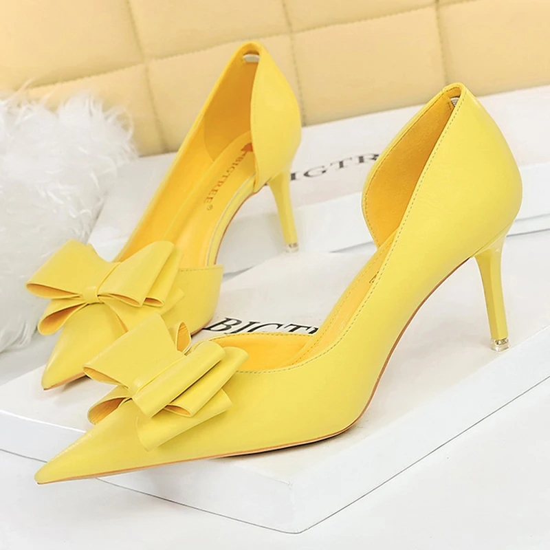 

BIGTREE Shoes Pu Leather Kitten Heels Bowknot Stiletto Heels 7.5 Cm Women Pumps Fashion High-heeled Shoes Sexy Wedding Shoes