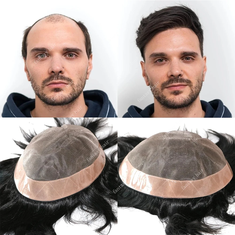 Men Wig Human Hair Toupee Durable Fine Mono Male Wig 6