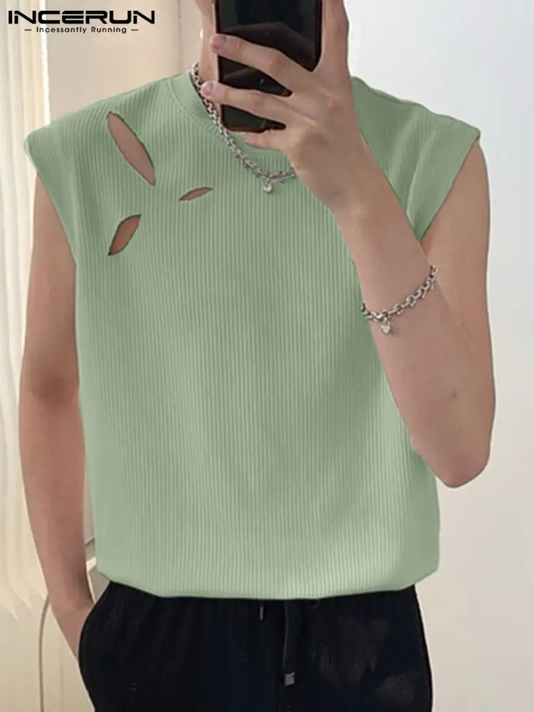 

Майка INCERUN мужская с круглым вырезом, пикантный Повседневный жилет без рукавов, однотонная ажурная уличная одежда, стильная одежда, 5XL, лето ...