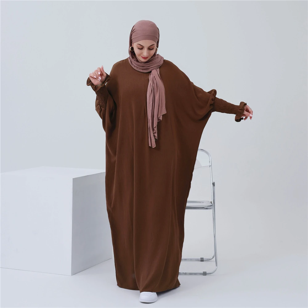 

Plain Abaya for Women Crinkle Smocked Sleeves Islam Clothing Ramadan Muslim Prayer Long Dress African Dresses Dubai Turkish Robe