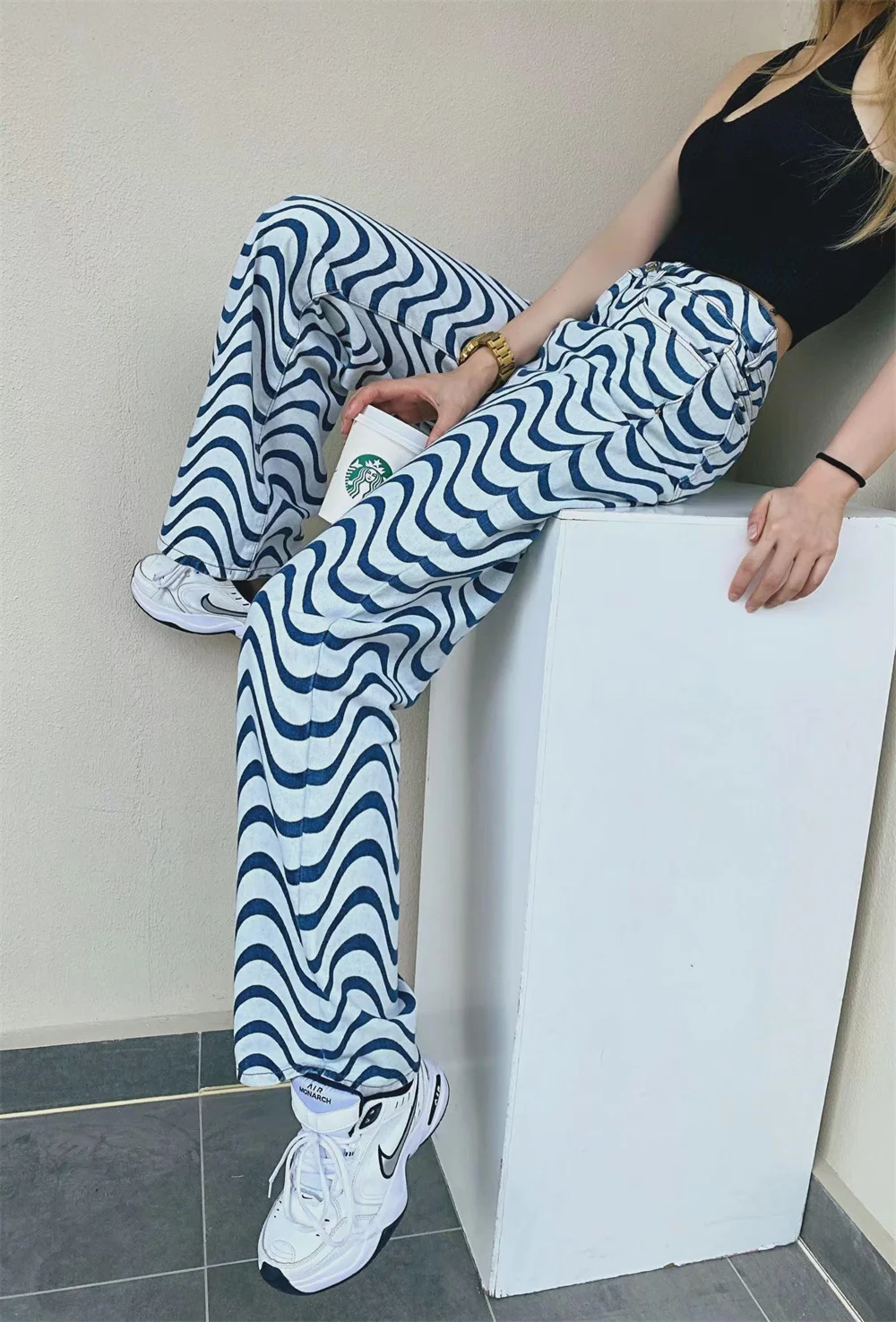 

Женские джинсовые брюки с завышенной талией, голубые Приталенные брюки из денима с широкими штанинами, KLD1, летний тренд