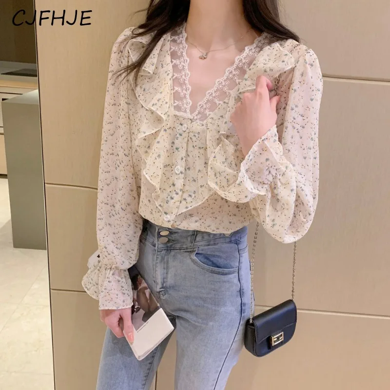 CJFHJE весенний французский милый женский кружевной шифоновый топ с V-образным