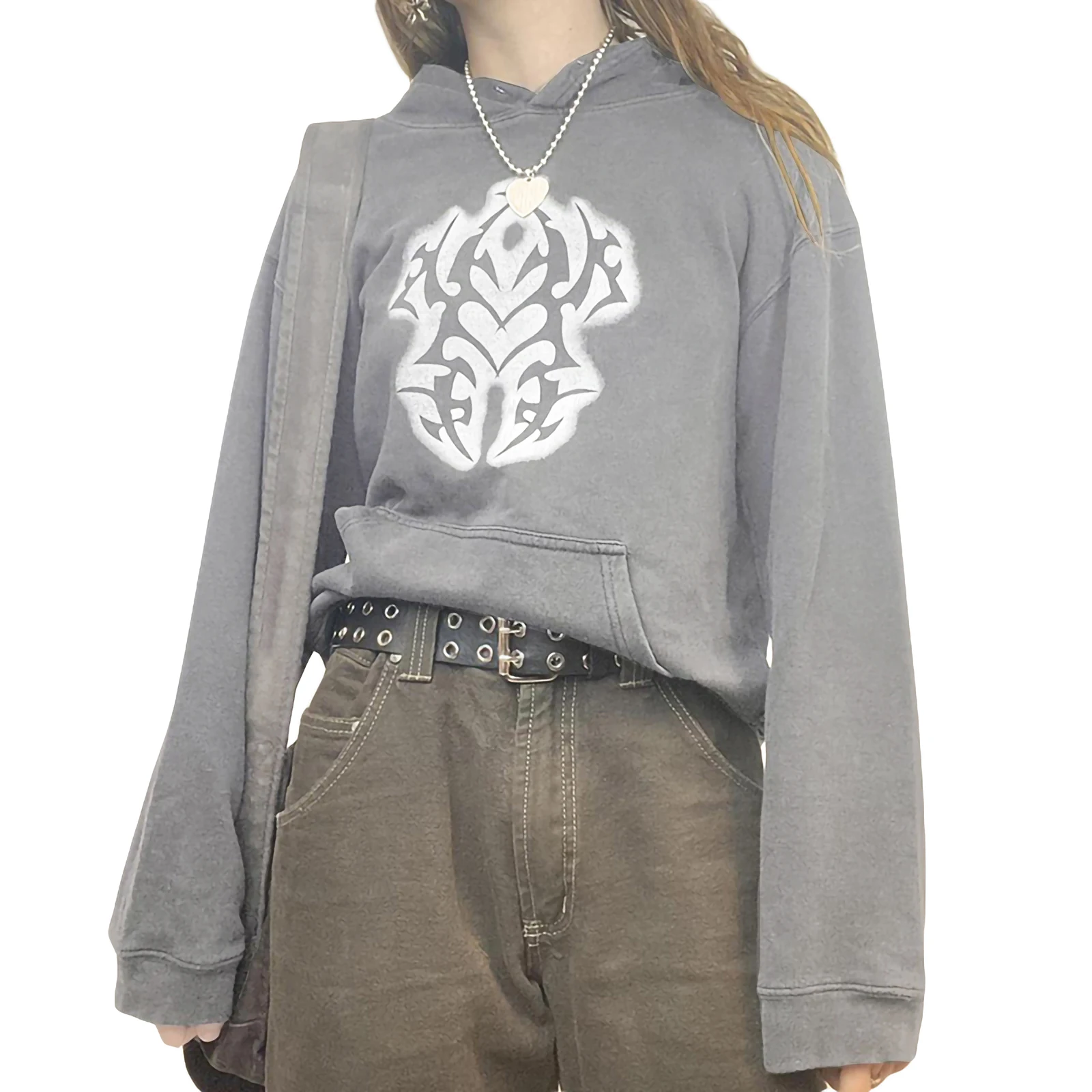 

Women Casual Hood Sweatshirt Vintage Print Long Sleeve Harajuku Loose Pullover with Pocket for Spring Autumn